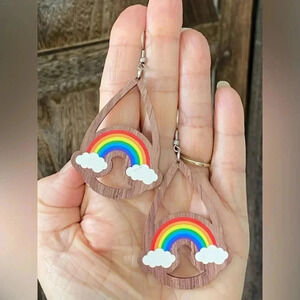 Handmade Wood Wooden Rainbow Clouds LGBTQ Pride Teardrop Earrings NEW